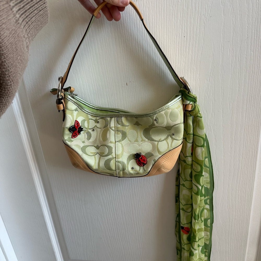 Coach Green and Tan Lady Bug Mini Bag with Scarf